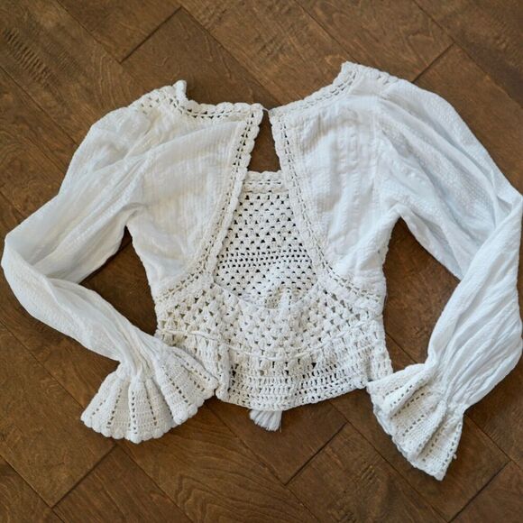 Free People Megan Crochet Open Back Long Sleeve Eyelet Crop Top Ivory Sz S Boho - Picture 14 of 14